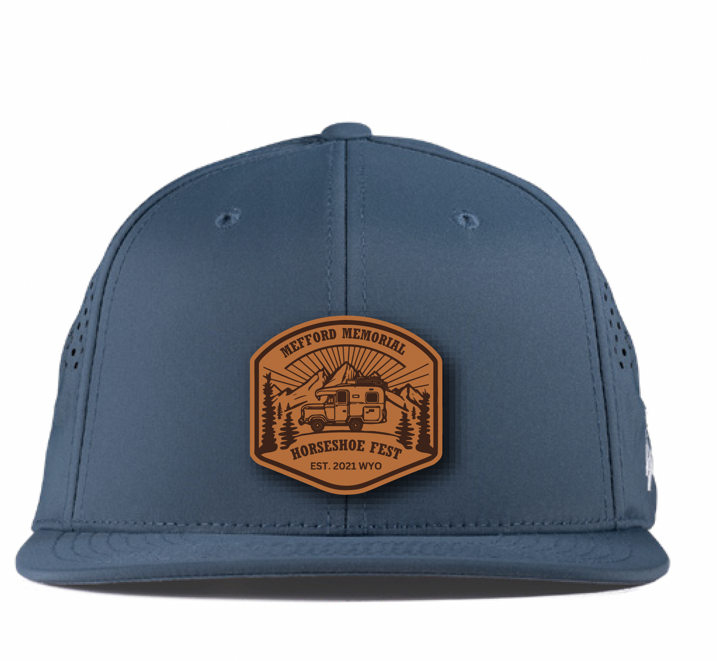 Navy color - Flat Performance Meff Fest hat with custom Leather Patch